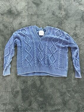Lucky Brand Dusty Blue Cable-Knit V-Neck Sweater